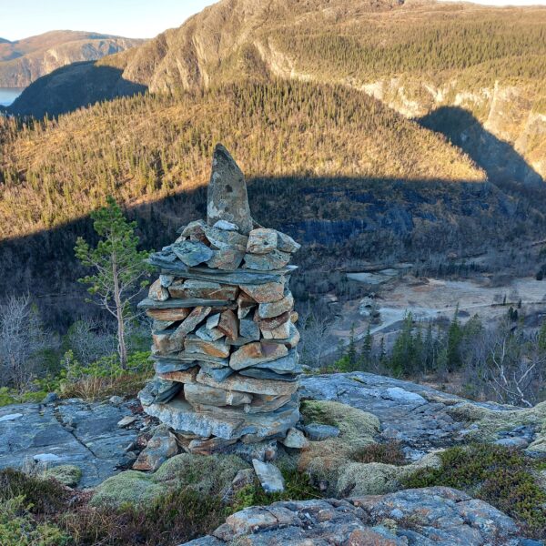 Steinvarde på berg med skog i bakgrunn. Foto