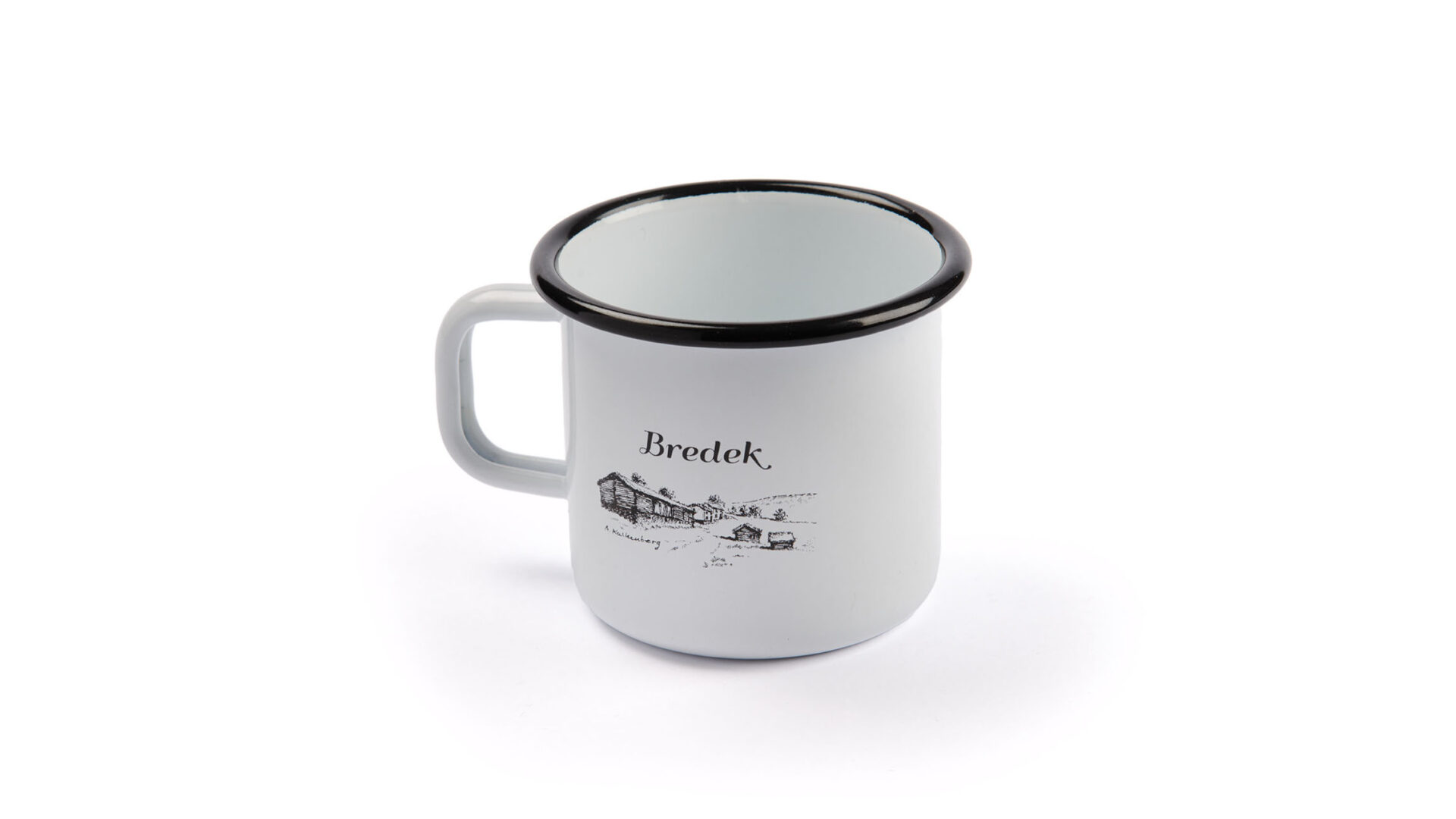 Hvit emaljekopp med sort dekor. Foto