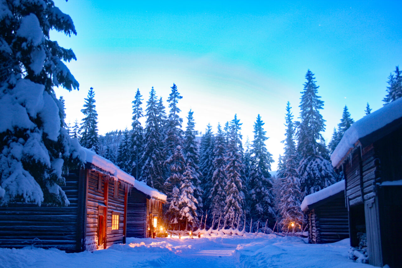 Snødekte tømmerhus lyser varmt i skumringen, omgitt av høye grantrær. En stille vinterkveld under en klar, blå himmel i skogen.