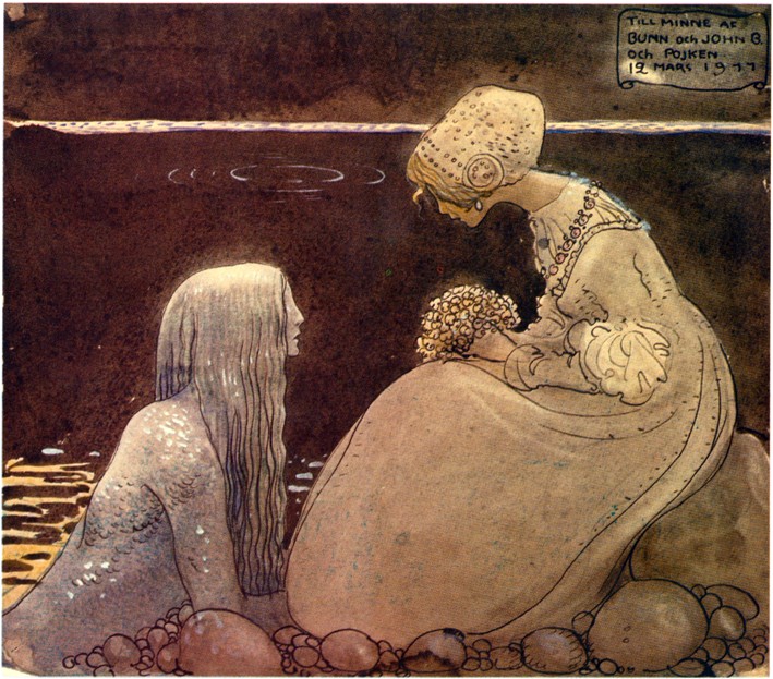En kvinne i tradisjonelle klær sitter på en stein og ser på en havvesen i vannkanten mot en mørk bakgrunn. Illustrasjon.