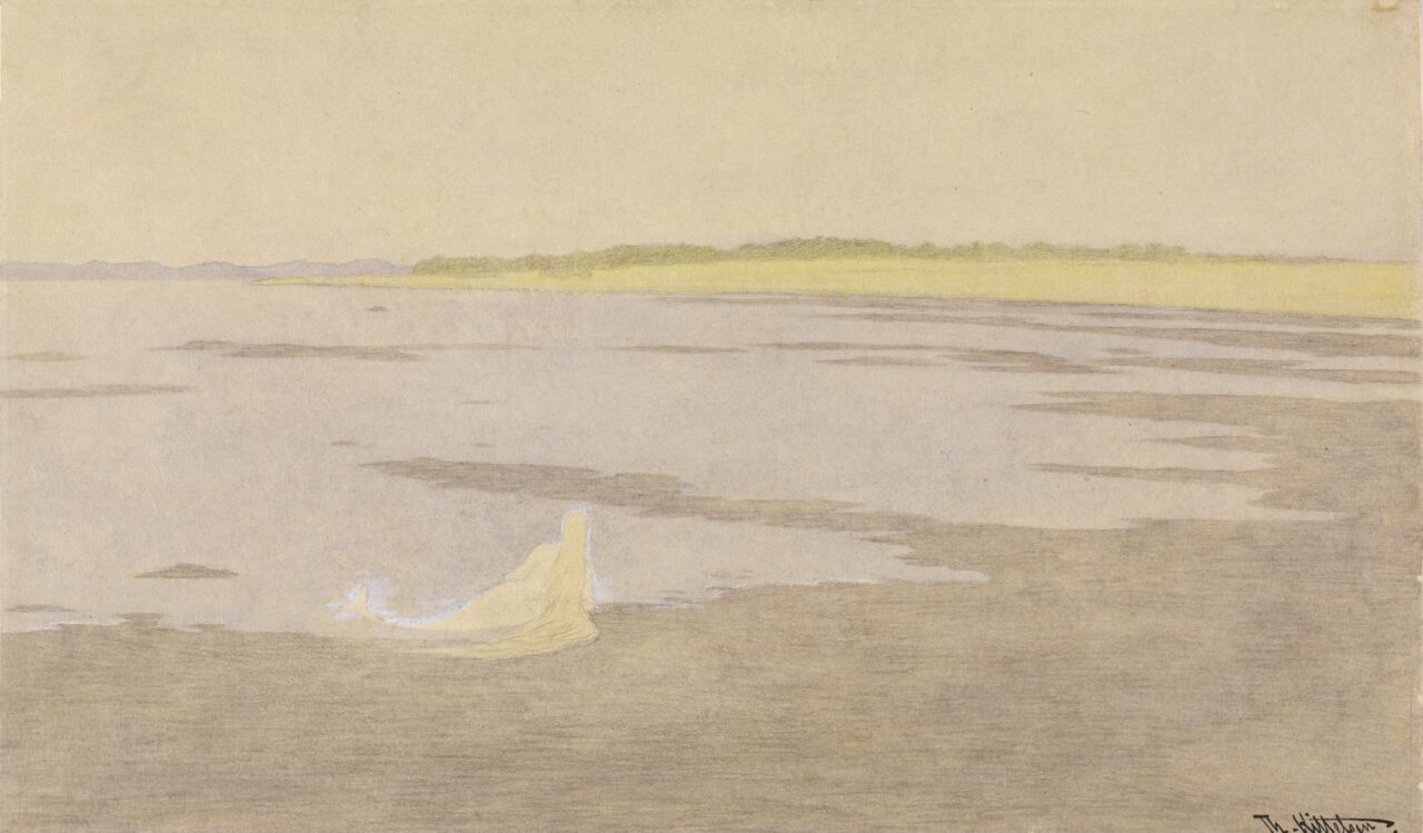 En lys, diffus illustrasjon av et rolig havlandskap i duse gultoner, der en havfrue med langt, lyst hår og en skimrende fiskehalese sitter i vannkanten med ryggen til.