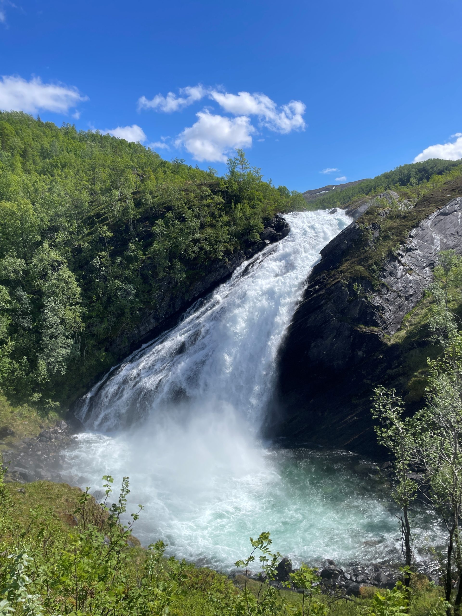 Foss som styrter ned en bratt fjellside omgitt av frodig grønn vegetasjon. Foto
